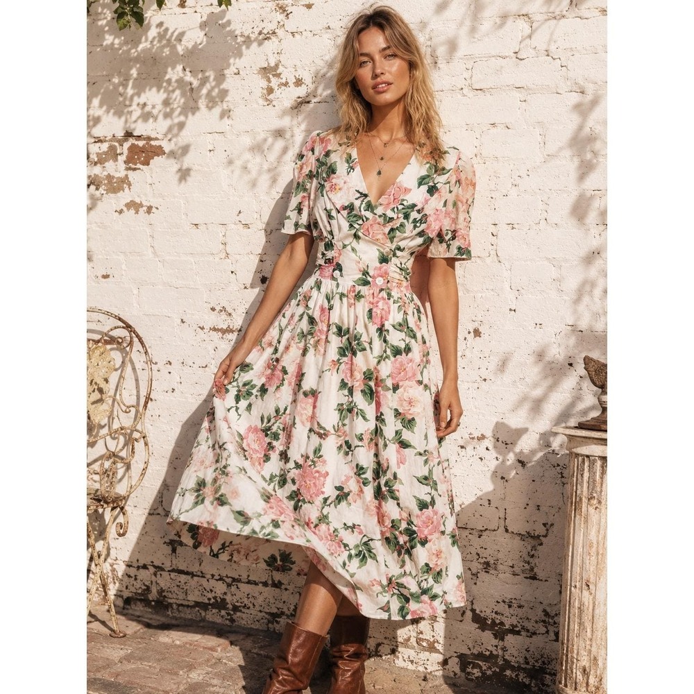 Vintage Carol Anderson White Pink Floral‎ Cotton Maxi Dress Cottagecore 13/14